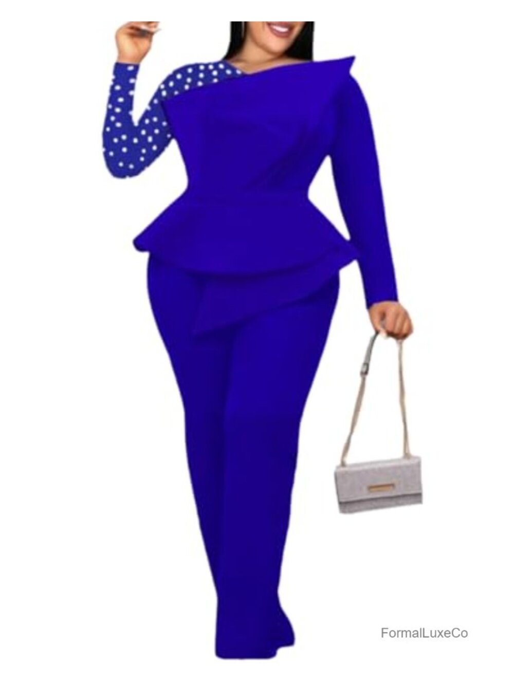 Women's Mesh Patchwork Bead Long Sleeve Peplum High Waist Maxi Jumpsuit